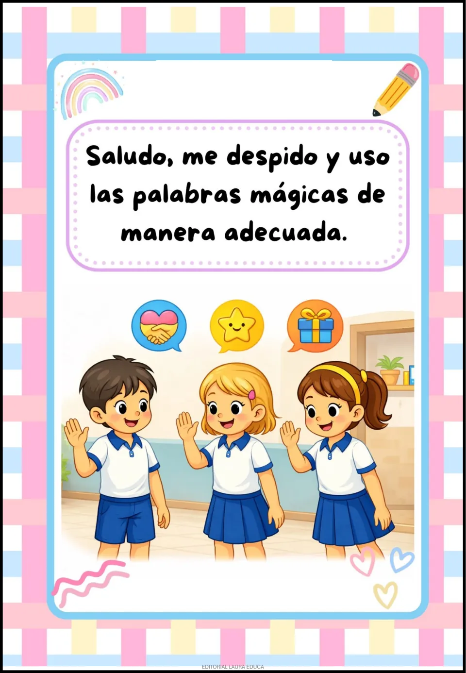 Spanish classroom rule poster about greeting others, saying goodbye, and using polite words, with children waving.