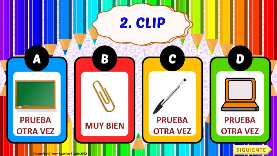 Quiz task 2: clip (paper clip), with four picture choices and 'Muy bien' beneath choice B, the paper clip