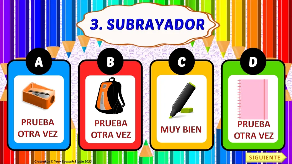 Quiz task 3: subrayador (highlighter), with four picture choices and 'Muy bien' under the highlighter