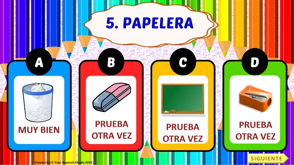 Quiz task 5: papelera (trash can), with four picture choices and 'Muy bien' beneath choice A, the trash can