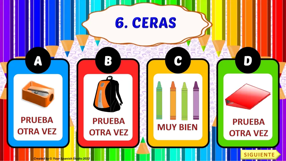 Quiz task 6: ceras (crayons), with four picture choices and 'Muy bien' beneath choice C, the crayons