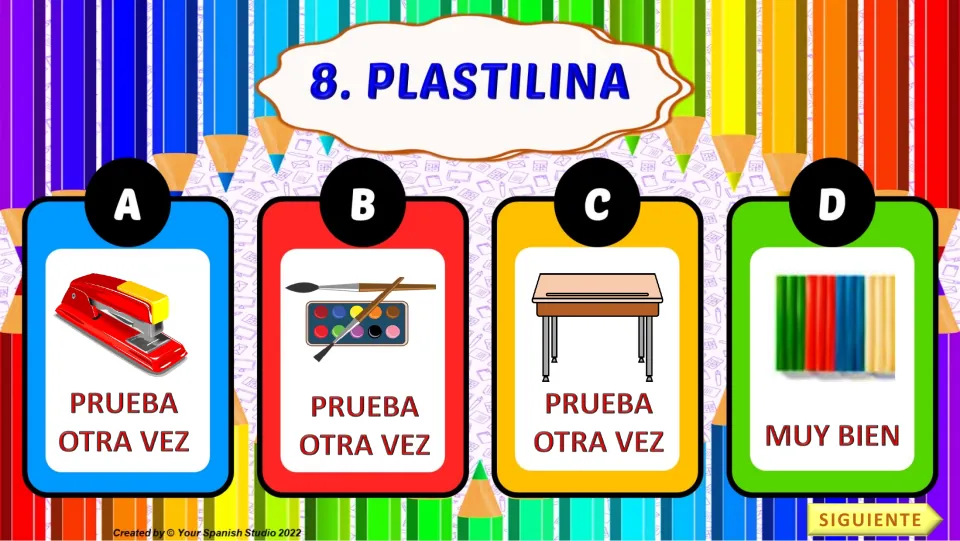 Quiz task 8: plastilina (modeling clay), with four picture choices and 'Muy bien' beneath choice D, the clay