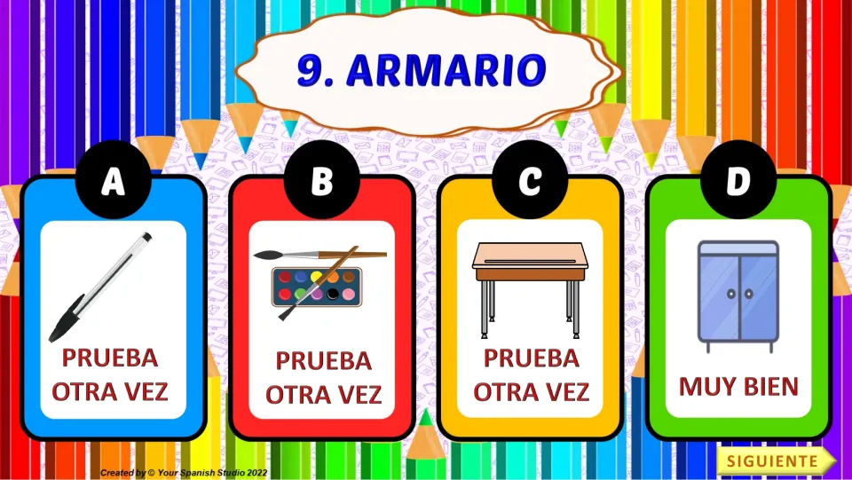 Quiz task 9: armario (cabinet), with four picture choices and 'Muy bien' beneath choice D, the cabinet