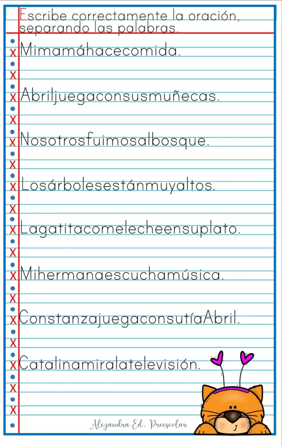 Separating words in Spanish sentences: students rewrite 8 joined lines like Nosotrosfuimosalbosque with correct spacing