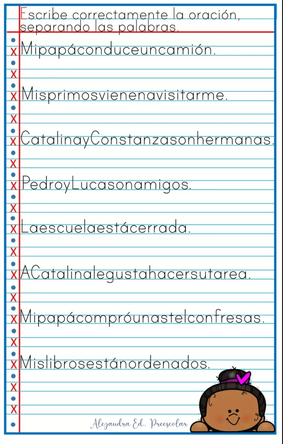 Sentence spacing in Spanish: students separate and rewrite 8 strings like Mipapáconduceuncamión, keeping names capitalized