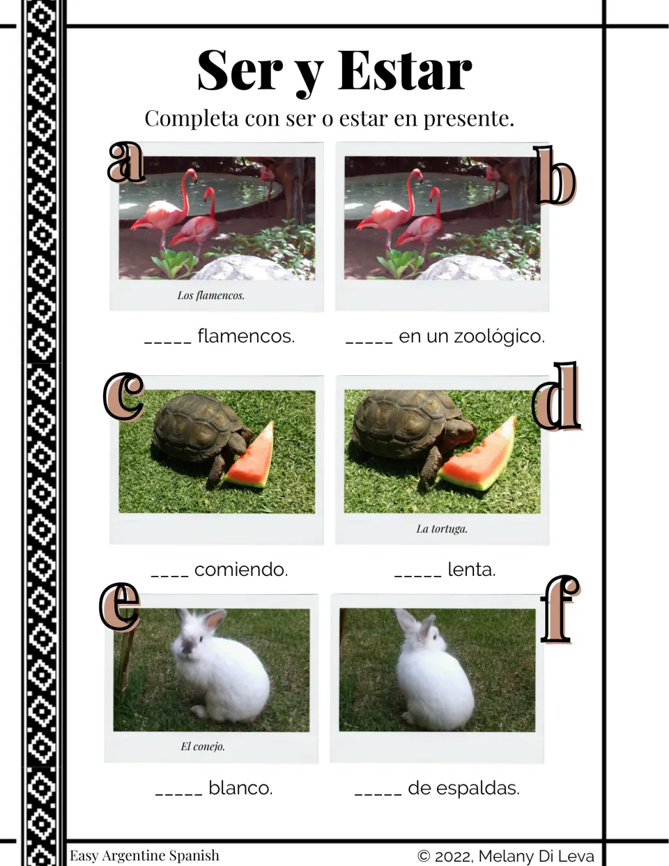 Ser y estar practice: students fill in present-tense ser or estar under photos of flamingos, a tortoise and a rabbit