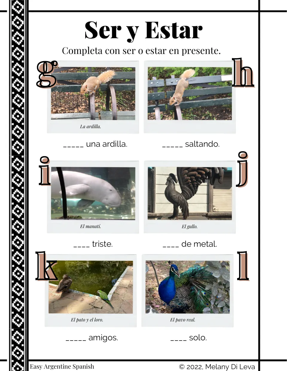 Ser or estar in present tense: students fill blanks about a squirrel, manatee, metal rooster, duck, parrot and peacock