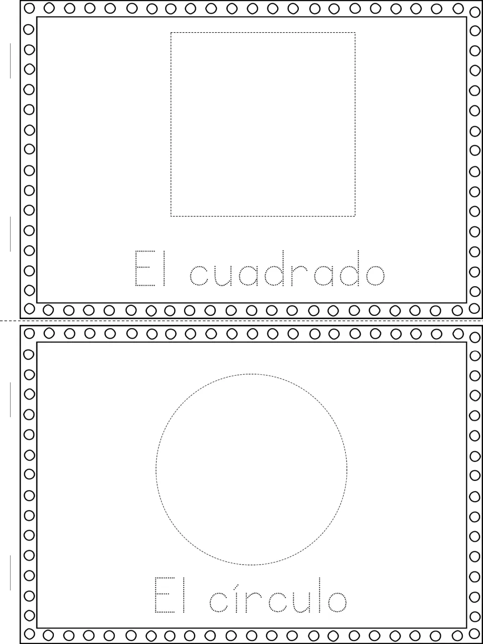 Spanish shape words: students trace a dashed square and circle, then trace the dotted labels El cuadrado and El círculo