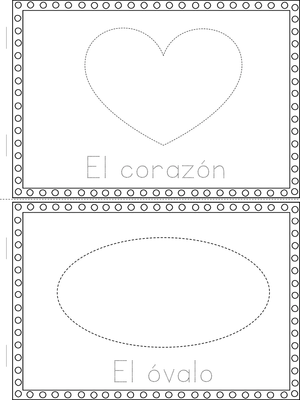 Spanish shape words: students trace a dashed heart and oval and the dotted words El corazón and El óvalo for handwriting
