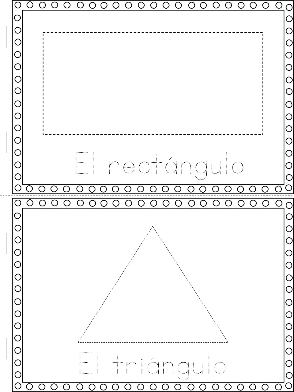 Spanish shape vocabulary: students trace a dashed rectangle and triangle and the dotted words El rectángulo, El triángulo