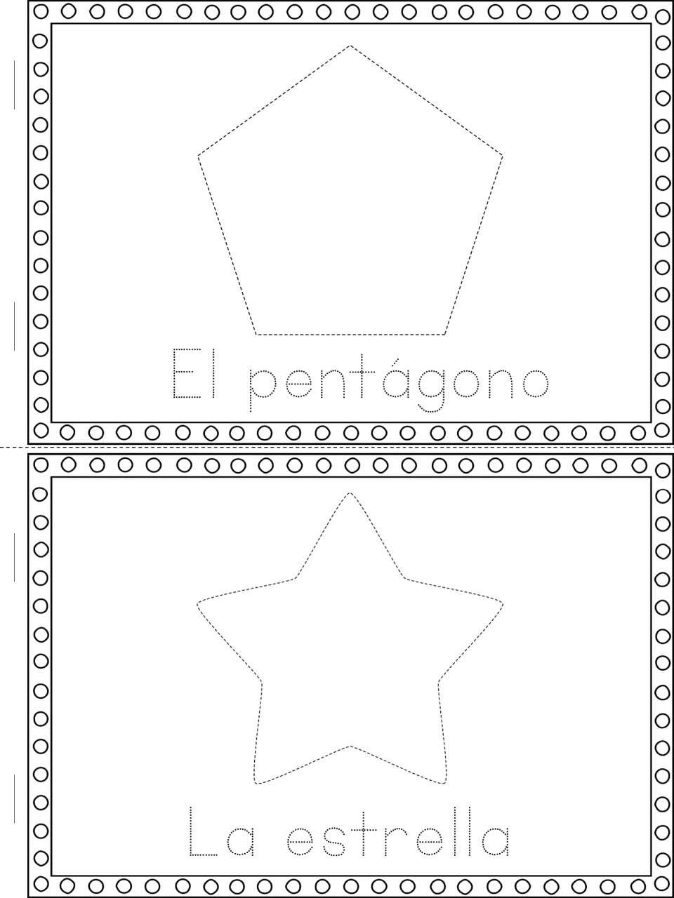 Spanish shape vocabulary: students trace a dashed pentagon and star and the dotted words El pentágono and La estrella