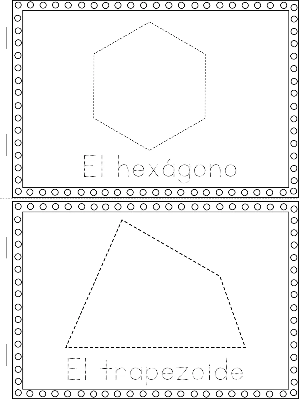 Spanish shape vocabulary: students trace a dashed hexagon and trapezoid and the dotted words El hexágono, El trapezoide
