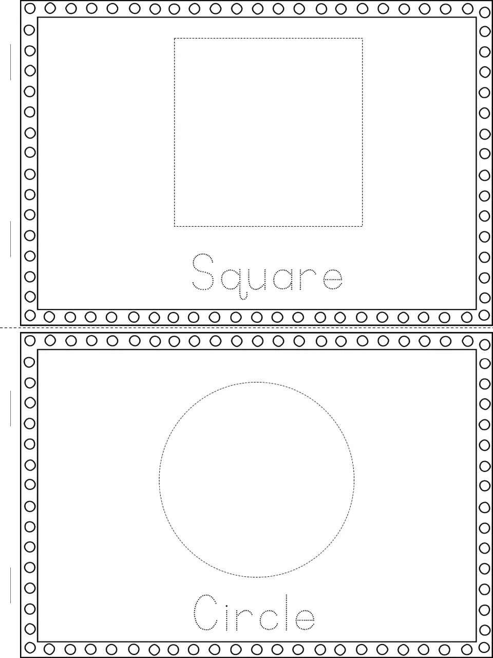 English shape words: students trace a dashed square and circle, then trace the dotted labels Square and Circle