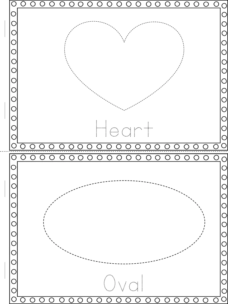 English shape words: students trace a dashed heart and oval outline and the dotted words Heart and Oval for handwriting