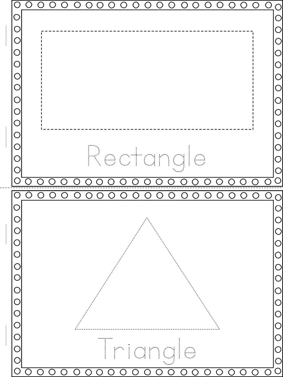 English shape vocabulary: students trace a dashed rectangle and triangle and the dotted words Rectangle and Triangle