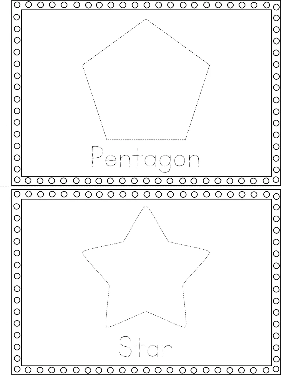 English shape vocabulary: students trace a dashed pentagon and star outline and the dotted words Pentagon and Star