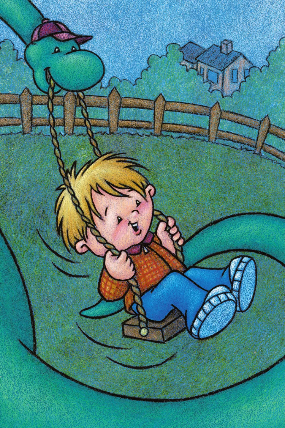 Picture page for the opening line: the boy swings on a rope swing held in the dinosaur's mouth