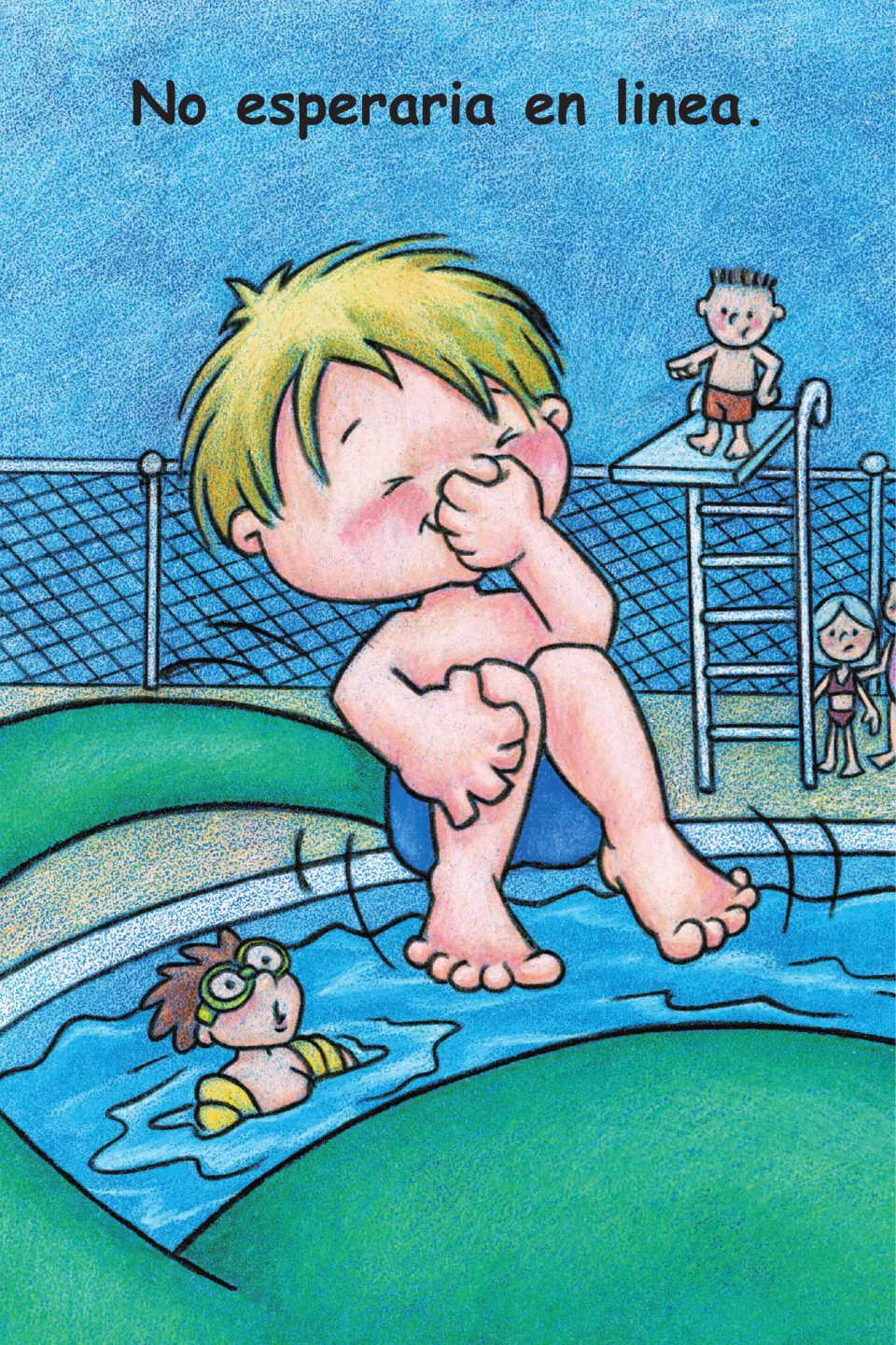 Story page: 'No esperaria en linea' (I wouldn't wait in line) as the boy sits on the dinosaur's tail at a pool