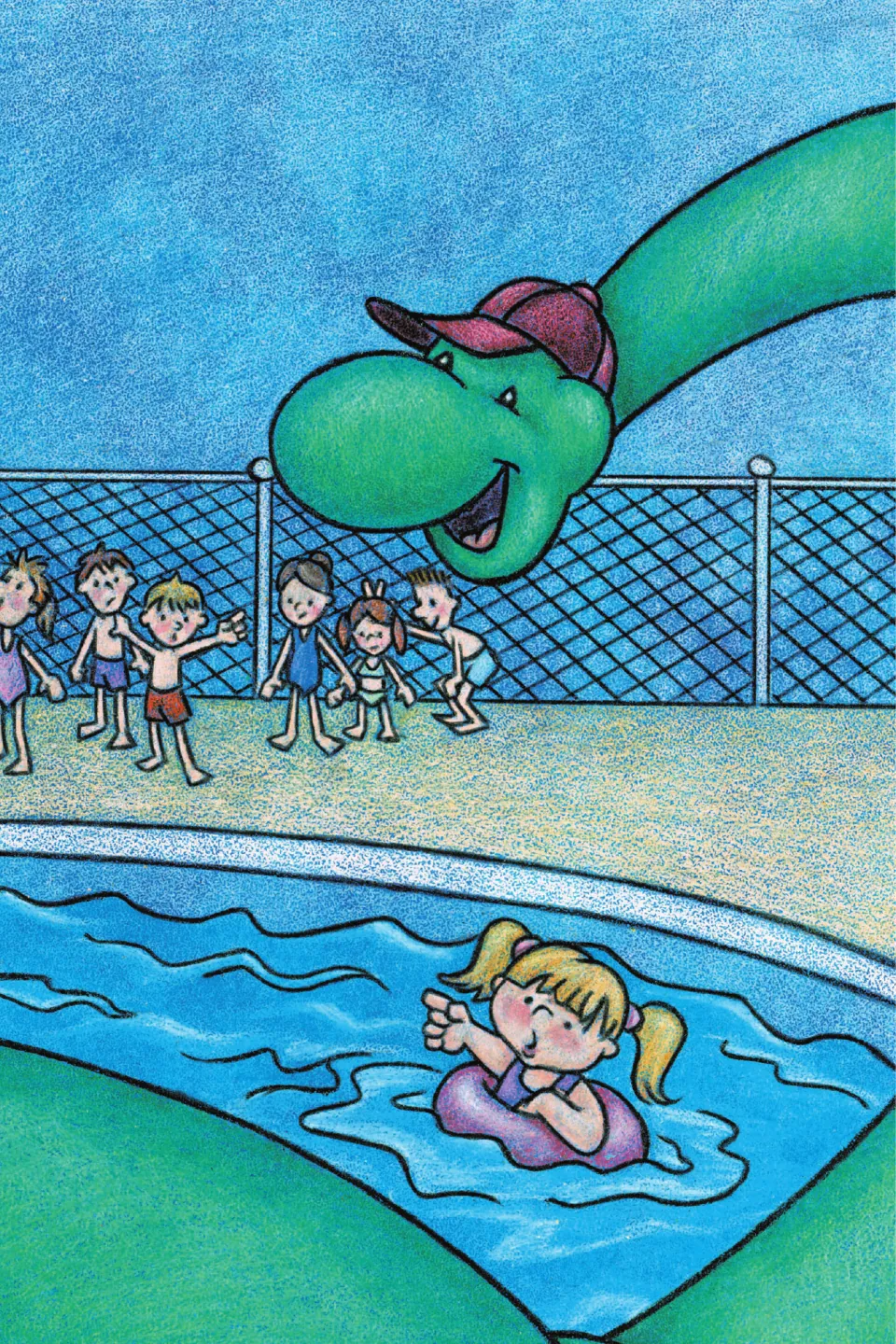 Pool picture page: the dinosaur's head over the pool, a girl in a swim ring, and children watching