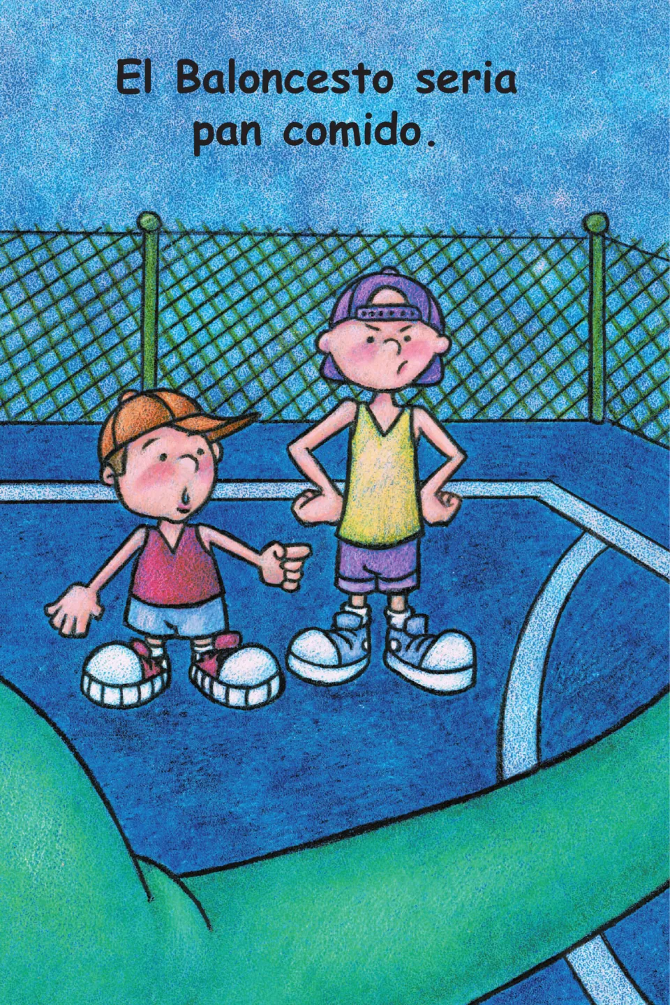 Story page: 'El Baloncesto seria pan comido' (Basketball would be a piece of cake) with two kids on a court