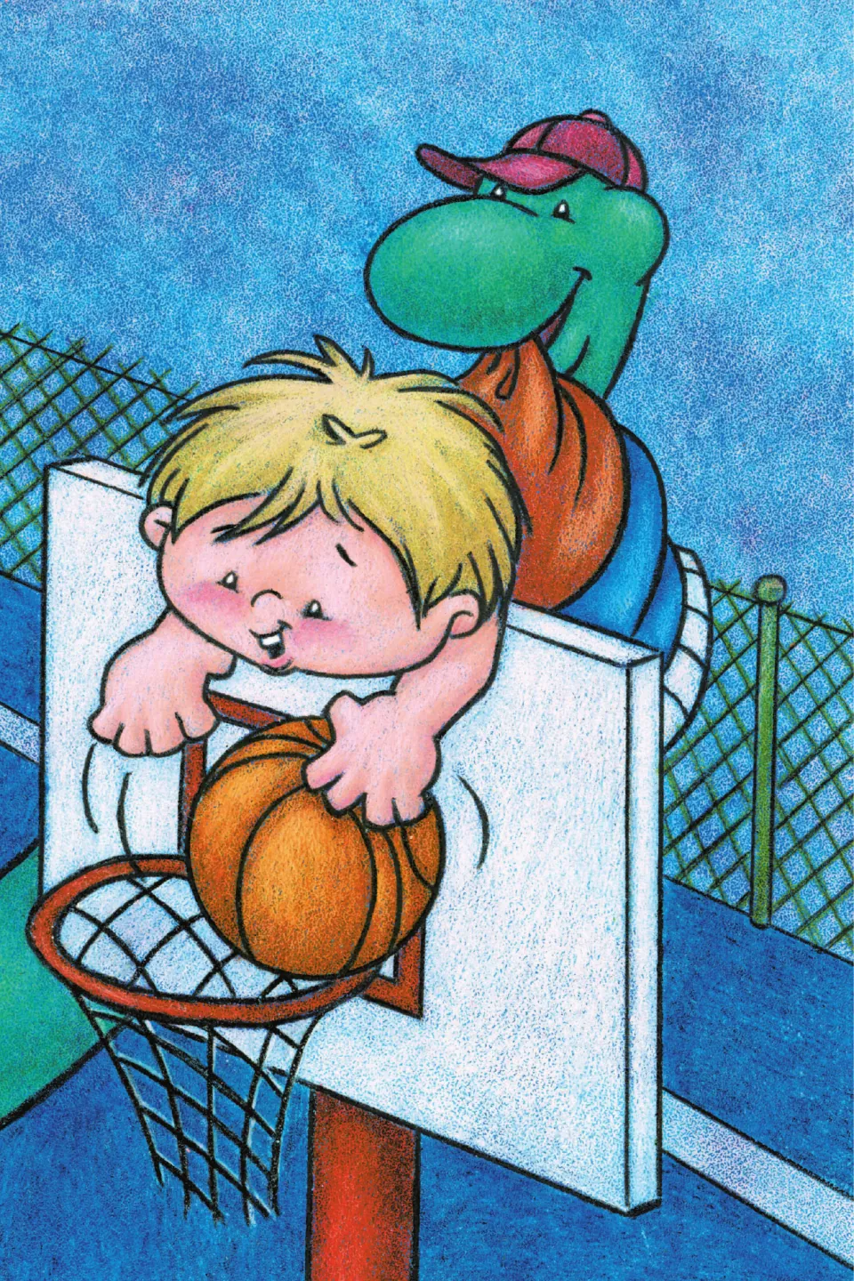 Basketball picture page: the boy dunks the ball while riding on the dinosaur