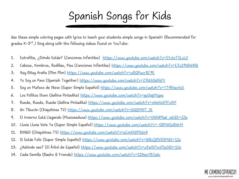 List of 14 Spanish children's songs, from Estrellita to Cada Semilla, each with a YouTube video link to sing along
