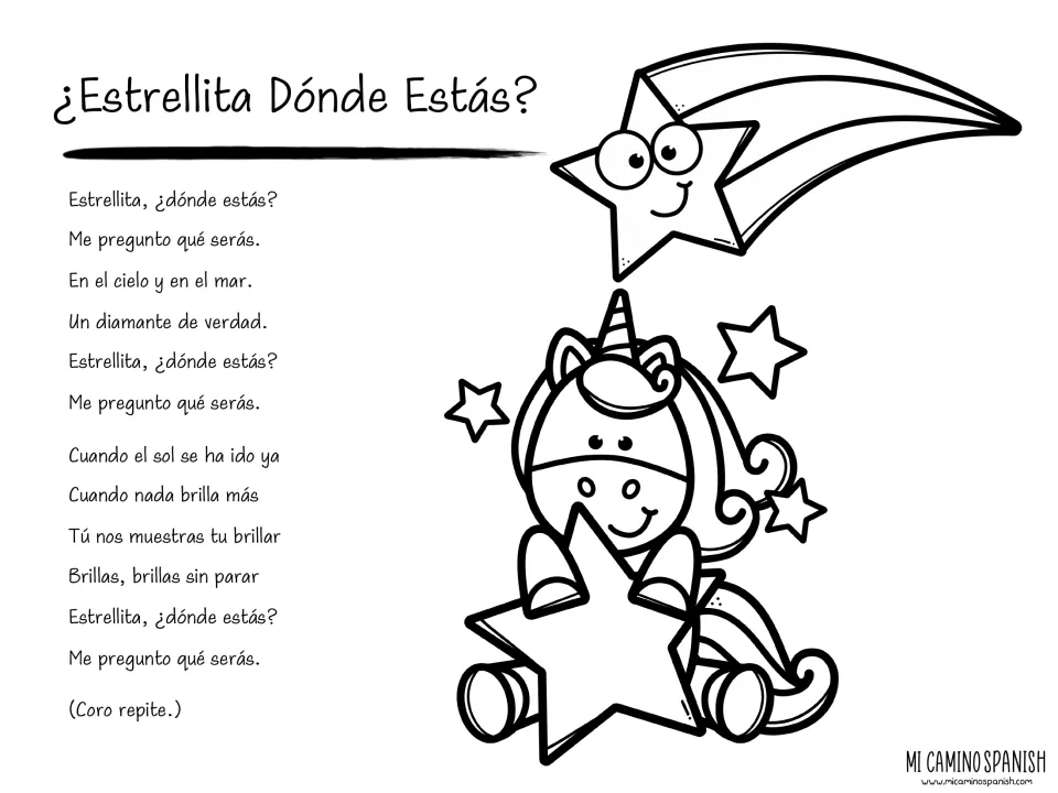 Estrellita, ¿Dónde Estás? lyrics to read and sing, with a smiling shooting star and a unicorn holding a star to color
