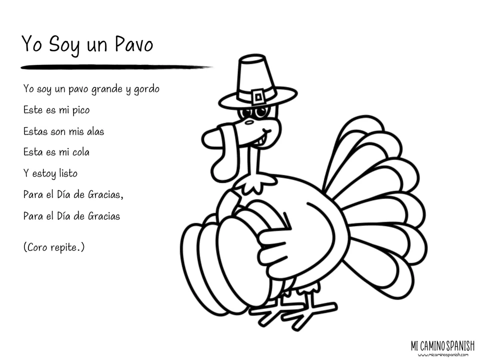 Yo Soy un Pavo lyrics naming the beak, wings and tail, beside a turkey in a pilgrim hat for students to color