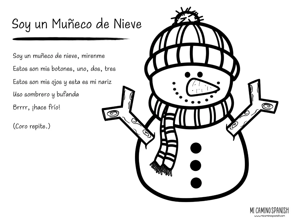 Soy un Muñeco de Nieve lyrics counting three buttons, with a snowman in a hat and scarf with stick arms to color