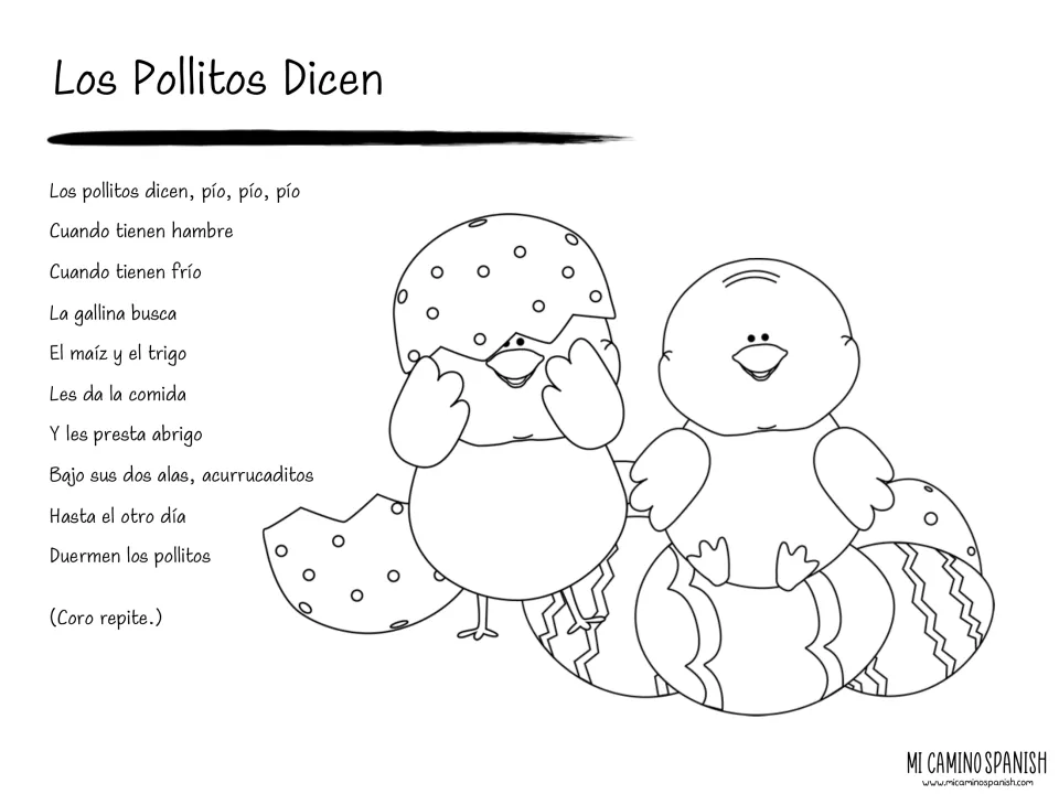 Los Pollitos Dicen lyrics about chicks and the hen, beside two cartoon chicks with eggshells and patterned eggs to color