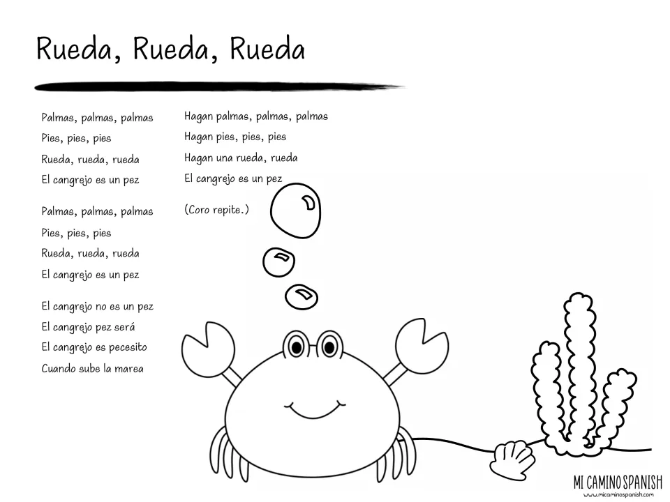 Rueda, Rueda, Rueda lyrics with clapping and stomping words, beside a smiling crab and seaweed for students to color
