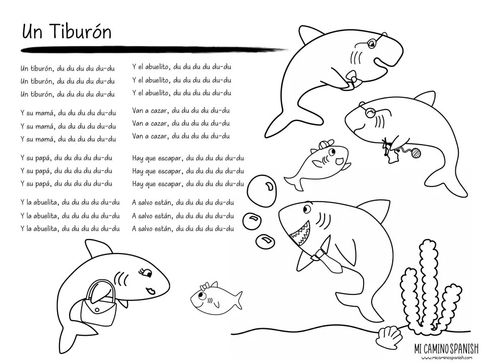 Un Tiburón lyrics naming the shark family with a repeated du-du refrain, beside cartoon sharks and fish to color