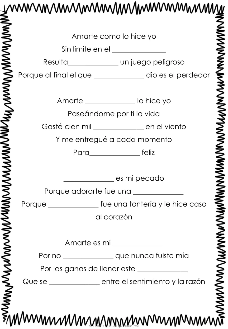First lyric completion page for “Amarte es mi pecado,” with missing words in the opening verses and chorus