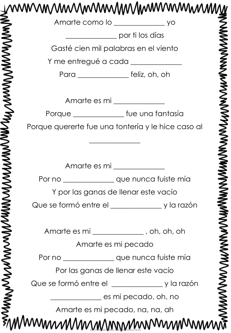 Second lyric completion page for “Amarte es mi pecado,” continuing the verses, repeated chorus, and ending