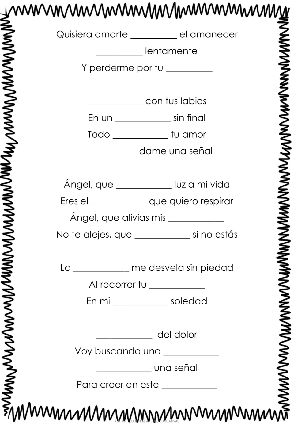 First lyrics exercise page for “Angel,” with 18 missing words from the opening verses and first chorus