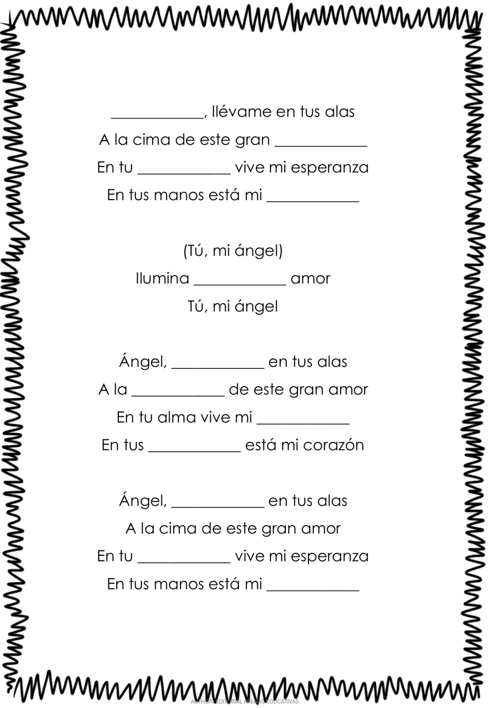 Second lyrics exercise page for “Angel,” with 12 missing words from the later chorus, bridge, and repeats