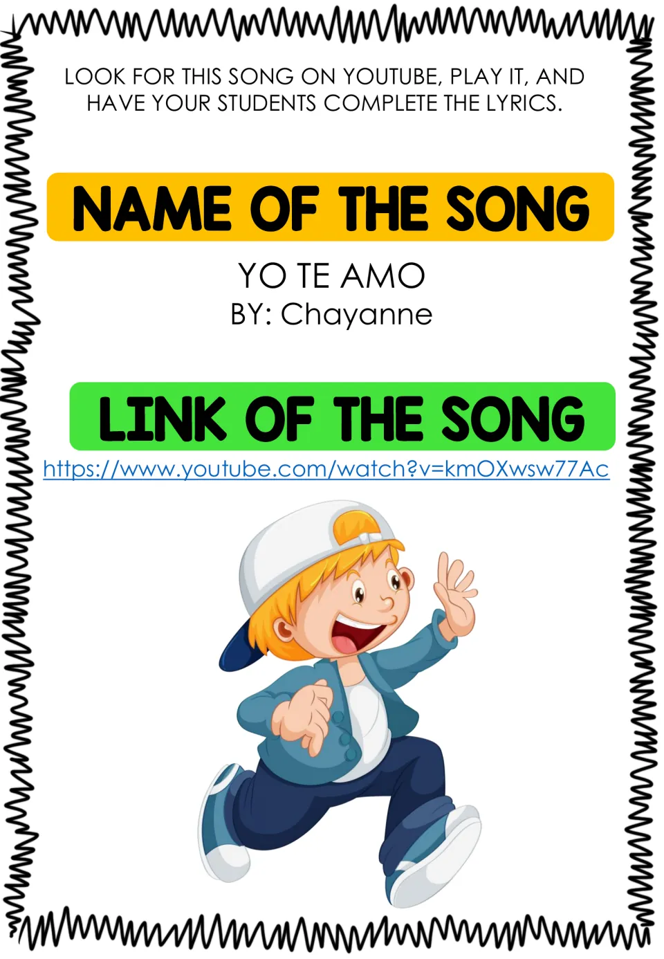 Listening guide for Chayanne’s “Yo Te Amo” (I love you), with a YouTube link and lyrics completion directions.