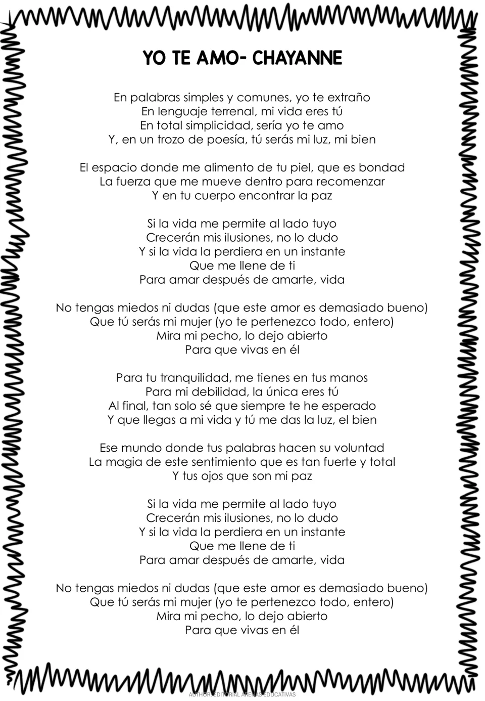 Complete Spanish lyrics reference for Chayanne’s “Yo Te Amo” (I love you), supporting the two practice pages.