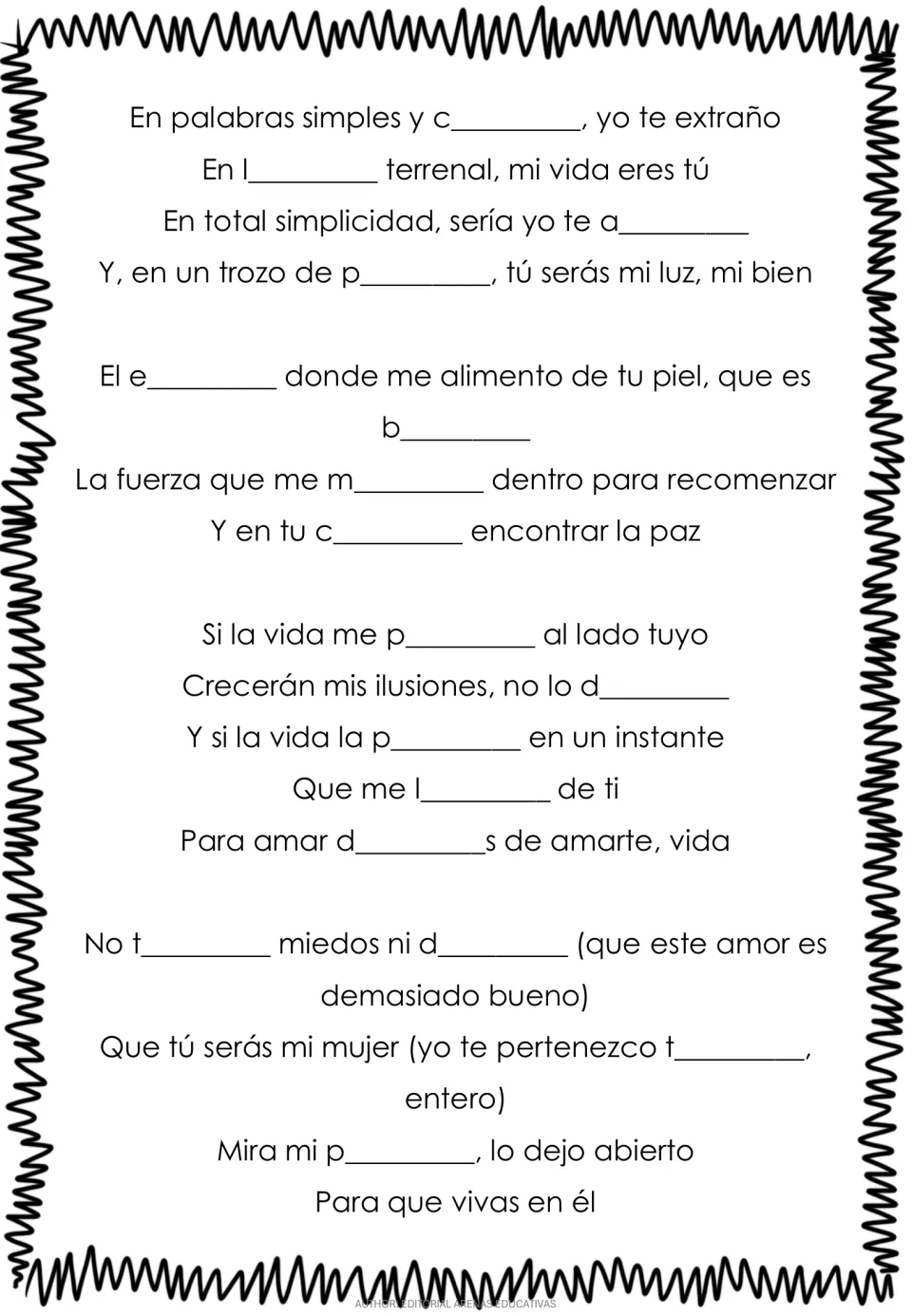 First lyrics practice page for “Yo Te Amo,” with letter clues for comunes (common), lenguaje (language), and more.