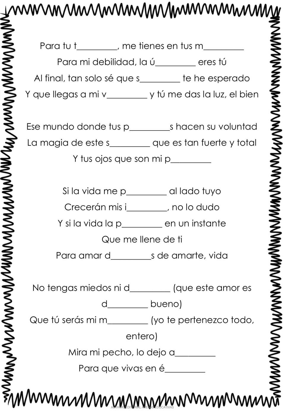 Second lyrics practice page for “Yo Te Amo,” with letter clues for tranquilidad (calm), manos (hands), and more.