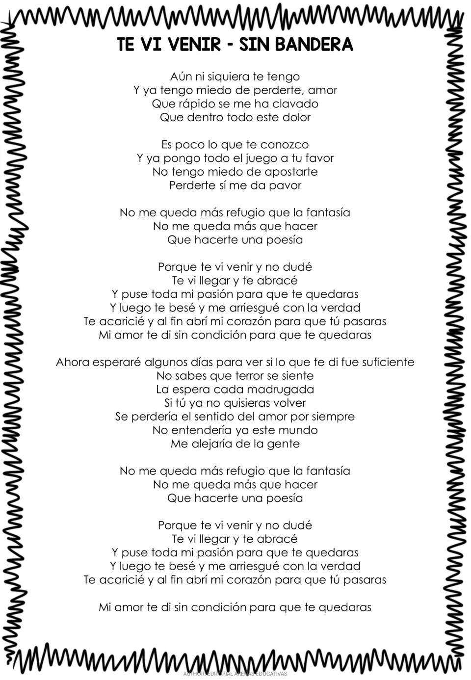 Full Spanish lyrics reference for “Te Vi Venir” by Sin Bandera, including verses and the repeated chorus.