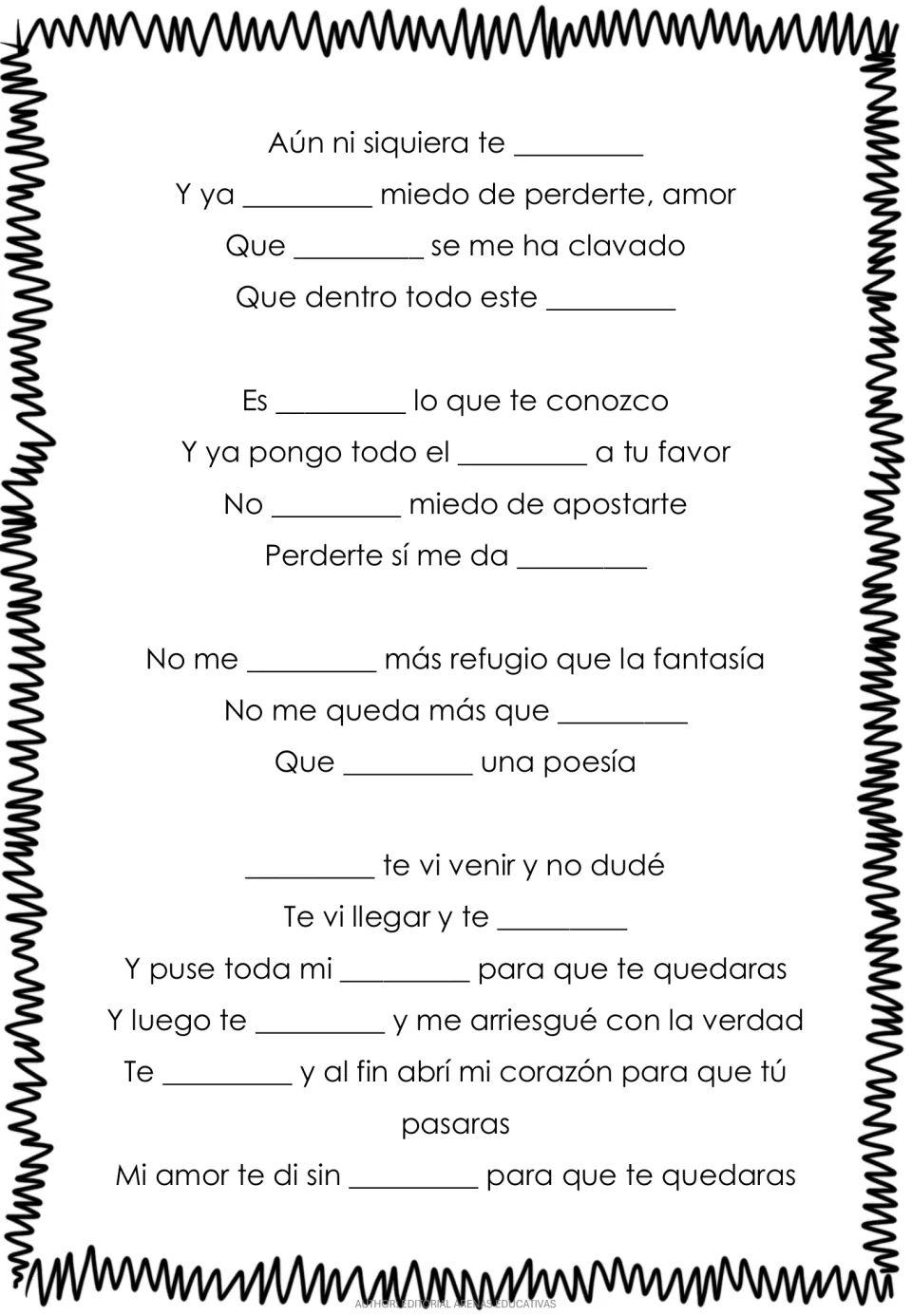 First lyrics exercise: complete missing Spanish words in the opening verses and chorus of “Te Vi Venir.”