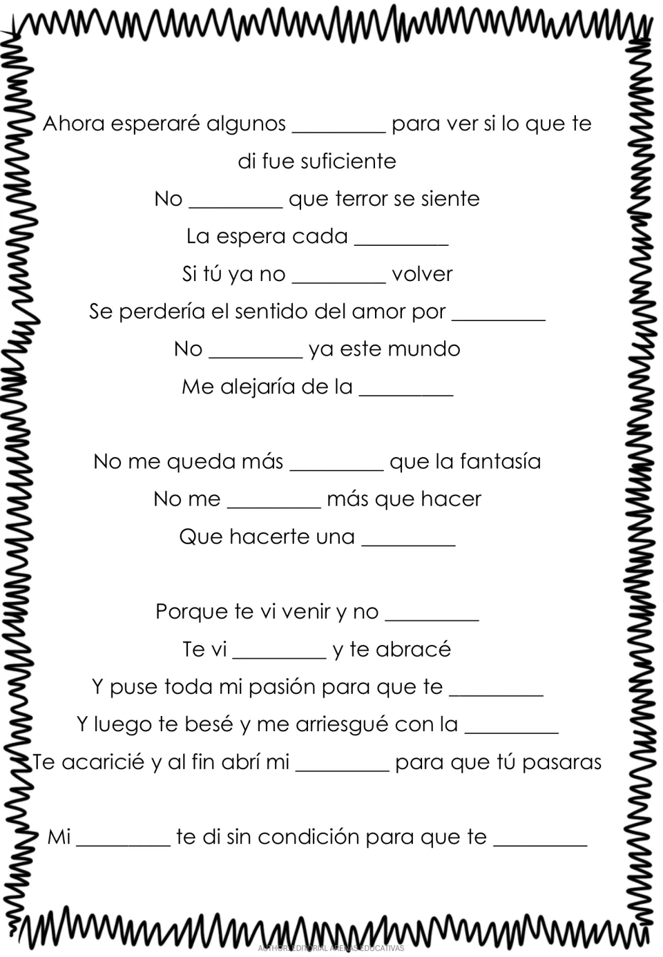 Second lyrics exercise: complete missing Spanish words in the later verse and closing chorus of “Te Vi Venir.”