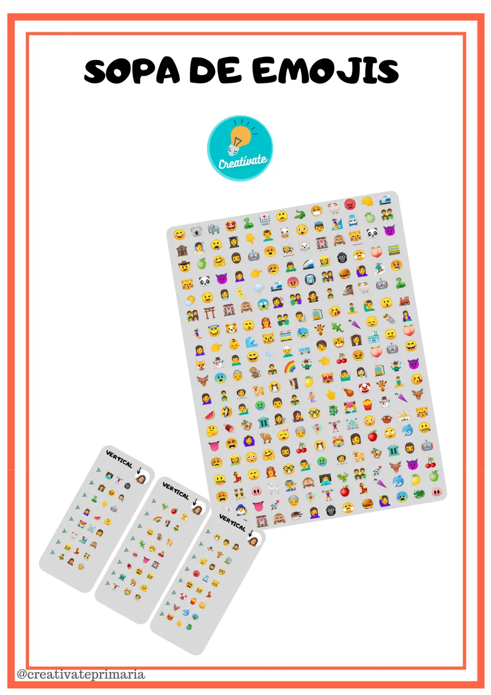 Sopa de Emojis cover: an emoji search grid shown with three VERTICAL clue cards listing emoji sets to find