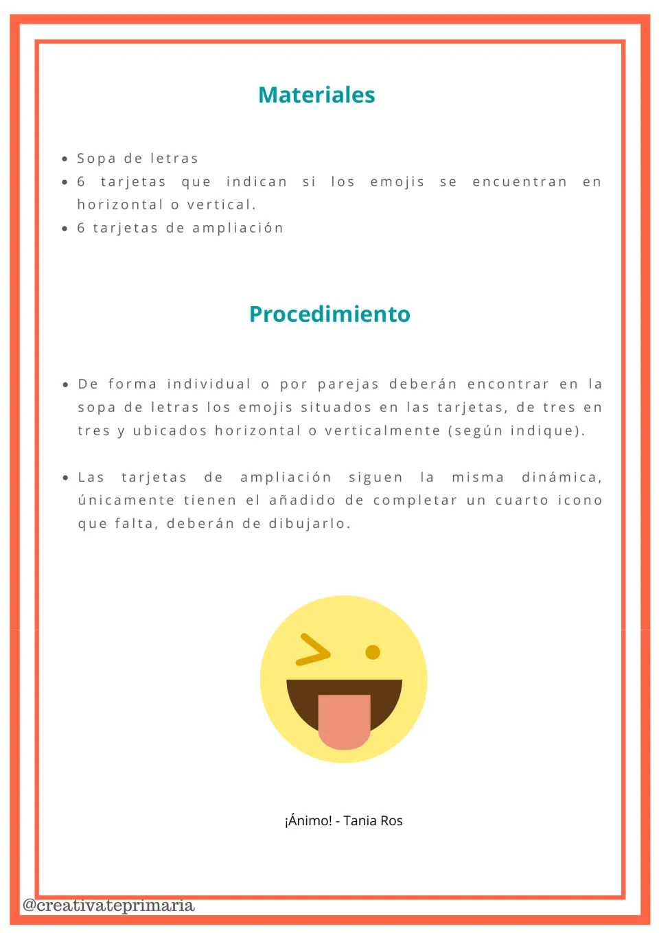 Spanish instructions: materials and procedure for finding three-emoji sets across or down, then drawing a missing icon