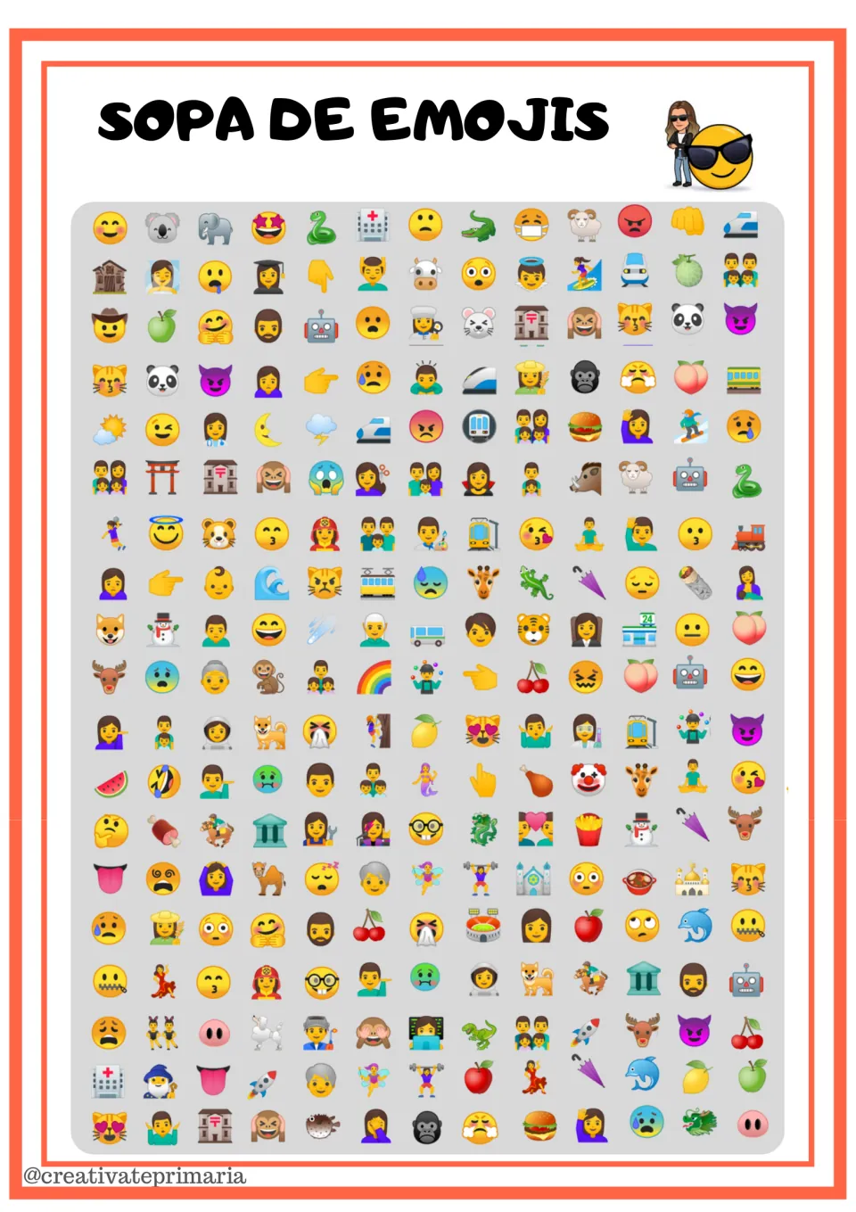 Emoji search grid: students scan rows and columns of about 250 emojis to find sets of three shown on clue cards