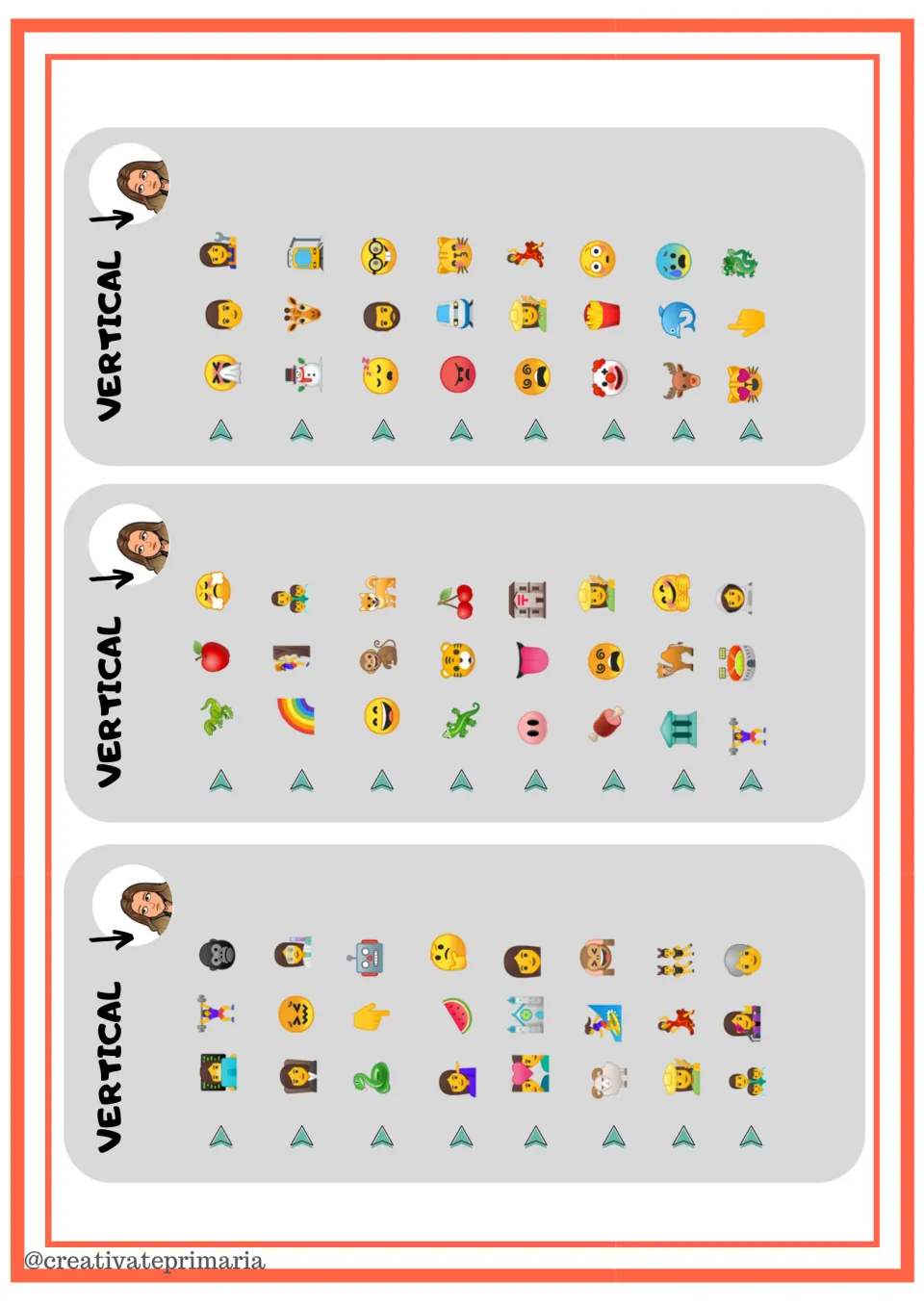 VERTICAL clue cards: 24 columns of three emojis each for students to find running top to bottom in the emoji grid