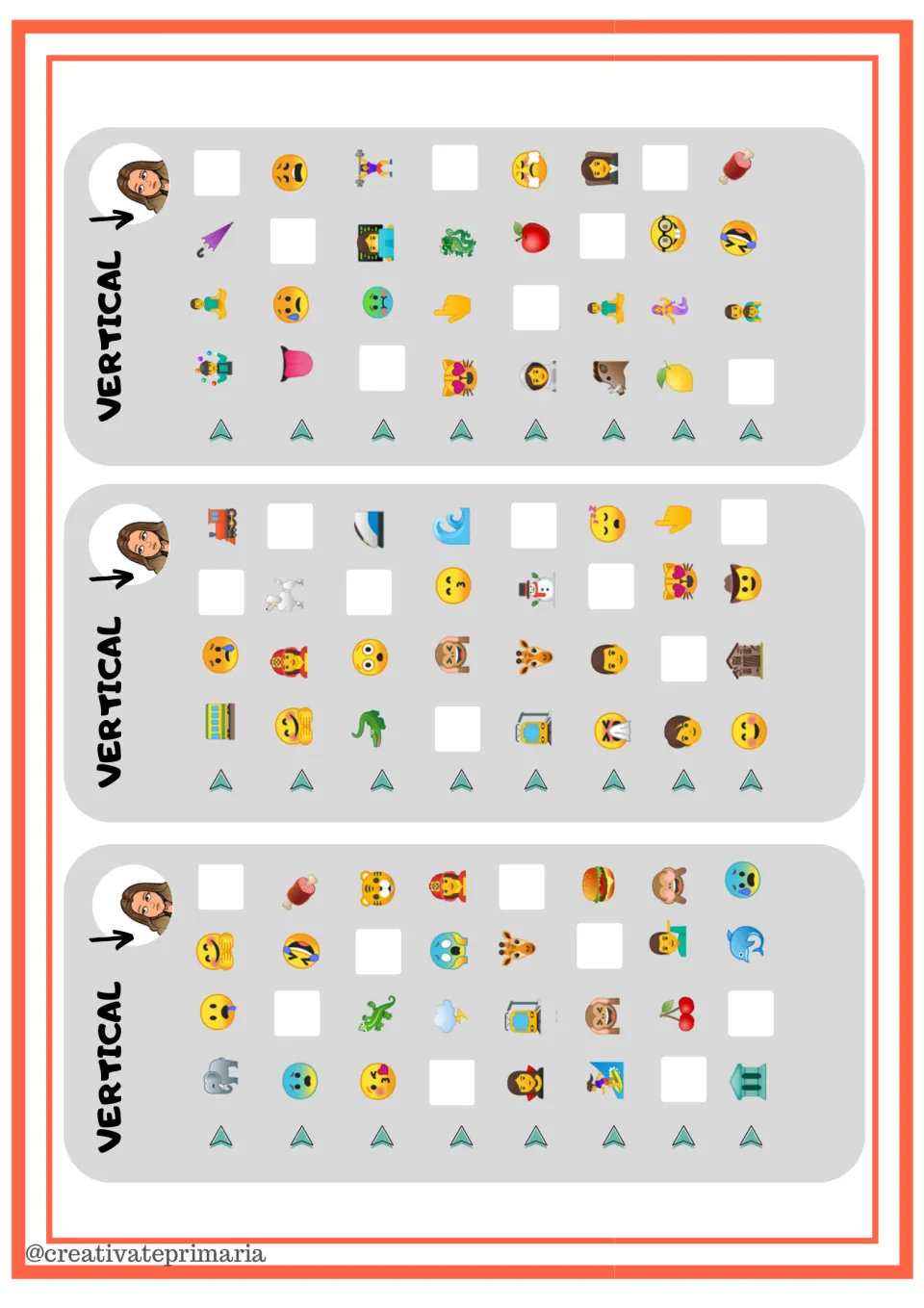 VERTICAL extension cards: 24 four-emoji sets with one blank; students find each set down the grid and draw the missing emoji