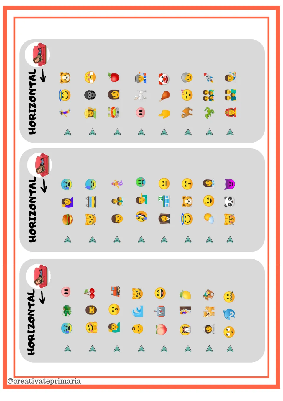 HORIZONTAL clue cards: 24 sets of three emojis for students to locate reading left to right in the emoji grid