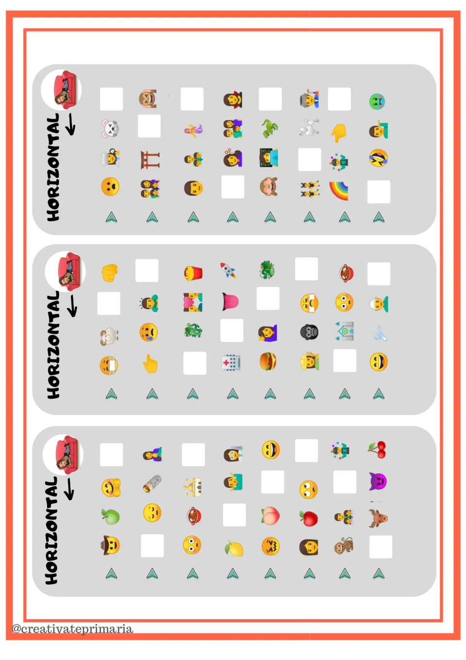 HORIZONTAL extension cards: 24 four-emoji sets with a blank; students find each set across the grid and draw the missing one